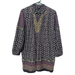 Style & Co Blouse Womens 10 Black Floral Boho Cotton Gold Embellished V-Neck Top